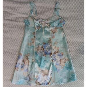 Y2K Baby Blue Fairycore Coquette Slip Dress With‎ Bows Lace Trim And A Slit SZ S